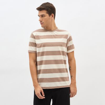 Men's Beige Round Neck Striped T-Shirt