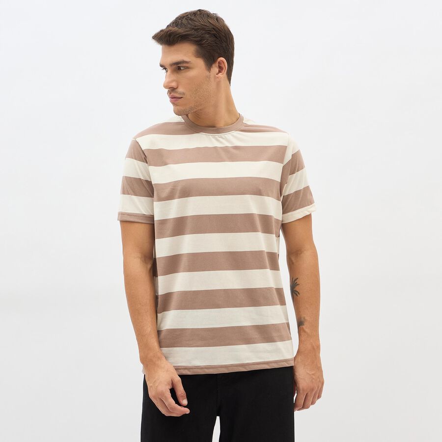 Men's Beige Round Neck Striped T-Shirt, Beige, large image number null