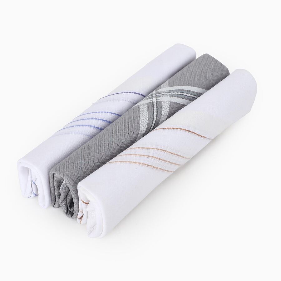 Men's White and Grey Checked Pack of 3 Handkerchief, White, large