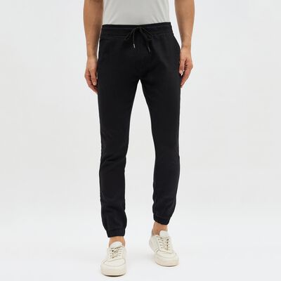 Men's Jet Black Slim Fit Elastic Waist Casual Trousers