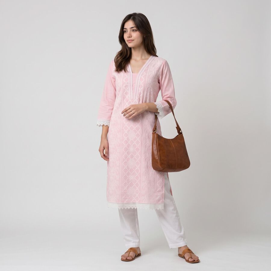 Women's Pink Cotton V-Neck Printed Kurta, हल्का गुलाबी, large