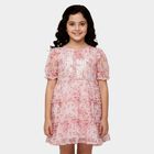 Girls' Pink Round Neck Ruffle Sleeve Fit and Flare Dress, Light Pink, small
