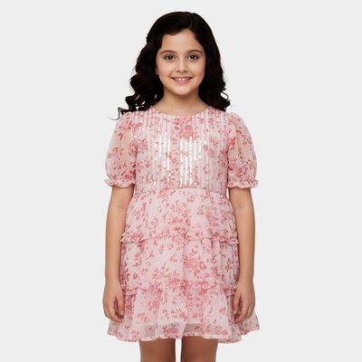 Girls' Pink Round Neck Ruffle Sleeve Fit and Flare Dress