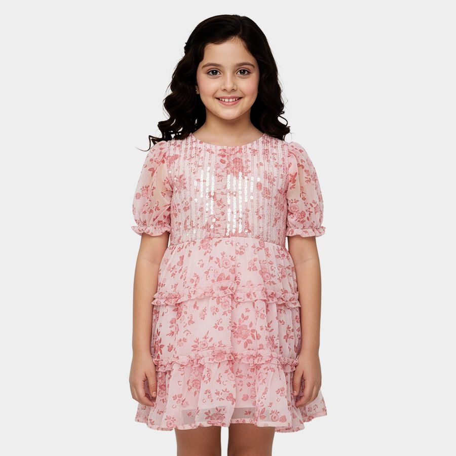 Girls' Pink Round Neck Ruffle Sleeve Fit and Flare Dress, Light Pink, large