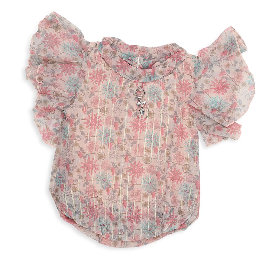 Girls' Light Beige Round Neck Romantic Floral Printed T-Shirt, गहरा पीला, large