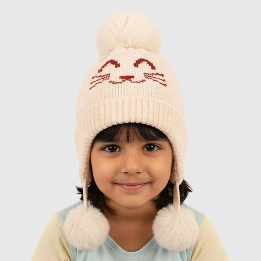 Infants Soft Beige Cat Face Winter Cap, ऑफ व्हाइट, large image number null