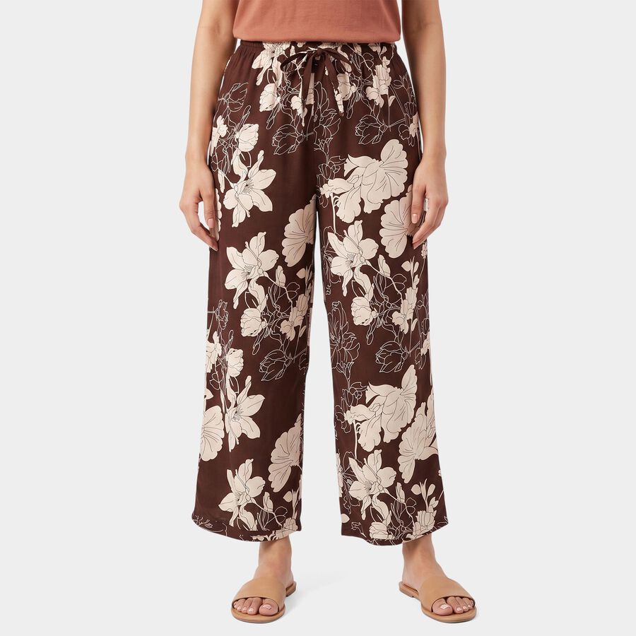 Women's Brown Straight Fit Floral Pyjama, भूरा, large