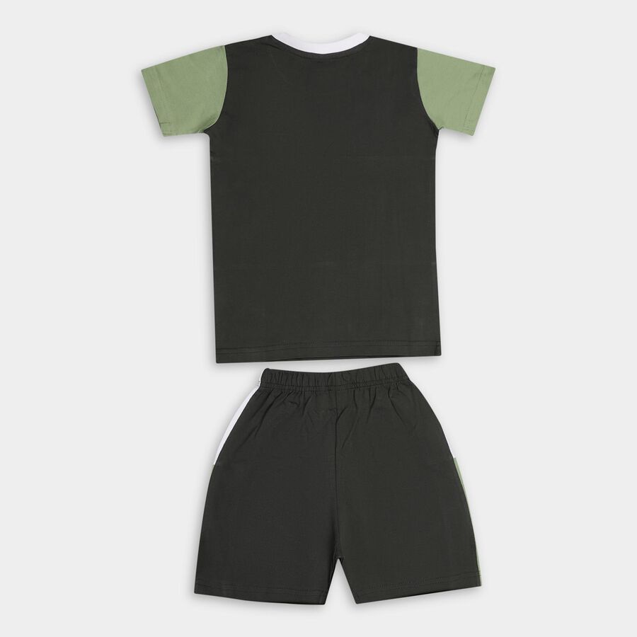 Boys' Olive Cotton Round Neck Printed Baba Suit, Olive, large image number null