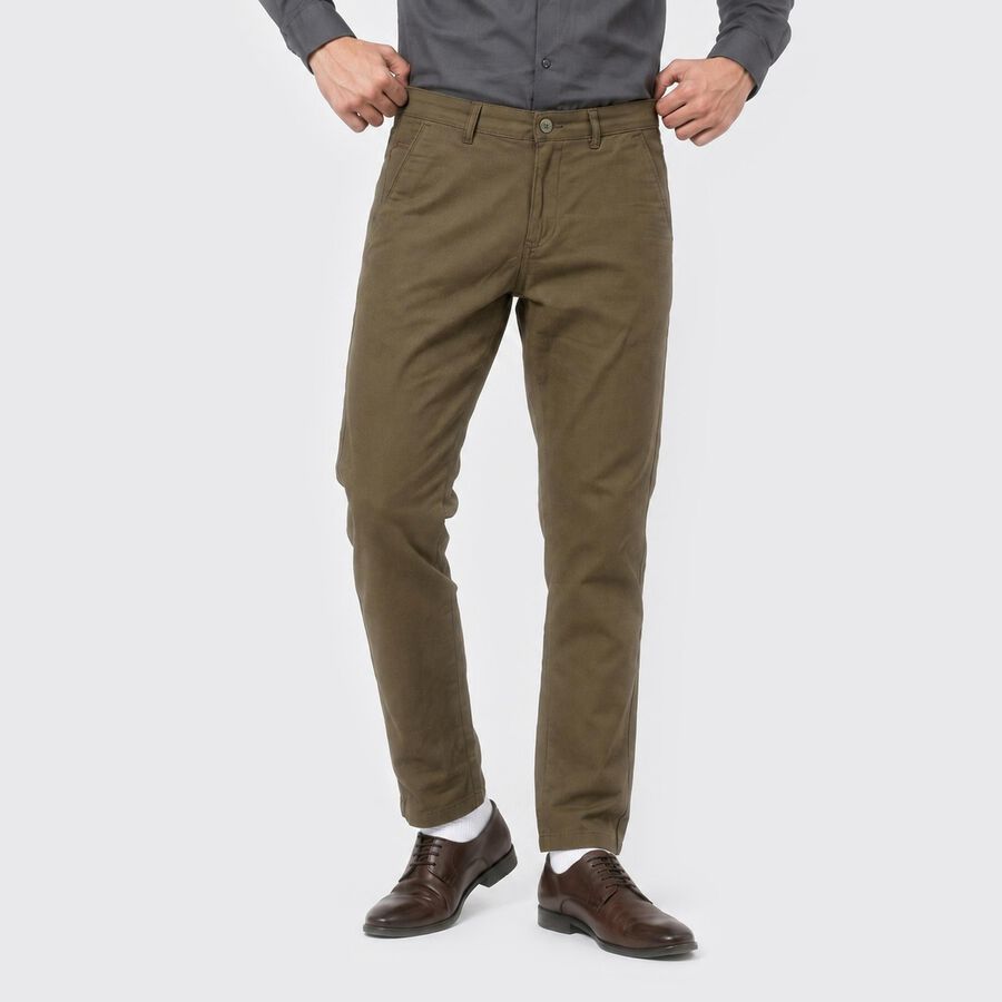 Men's Olive Green Slim Fit Flat-Front Chino Trousers, ओलिव, large