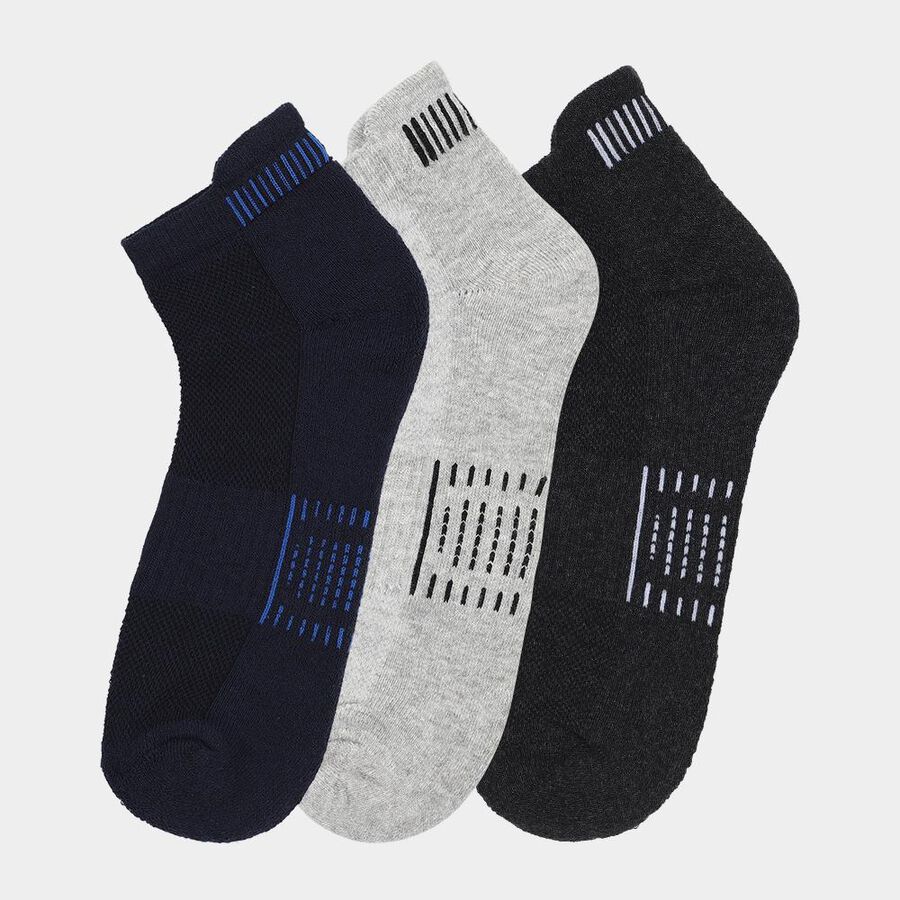 Men's Dark Navy Blue and Charcoal Black Regular Fit Ankle Length Socks Pack of 3, Melange Light Grey, large