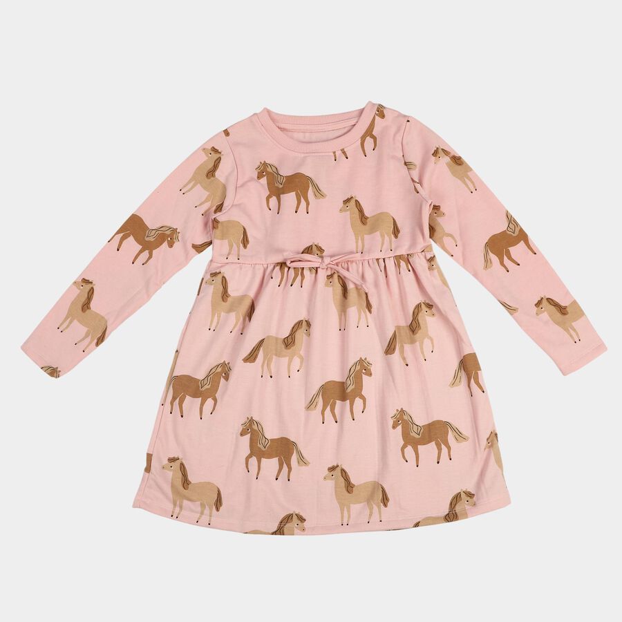 Girls Pink Horse Printed Fit and Flare Frock, Light Pink, large