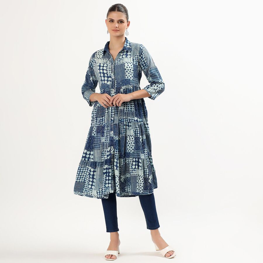 Women's Dark Indigo Blue Collar Neck Printed Kurta, Dark Blue, large image number null