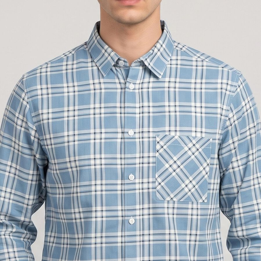 Men's Light Blue Cotton Long Sleeves Spread Collar Casual Shirt, मध्यम नीला, large