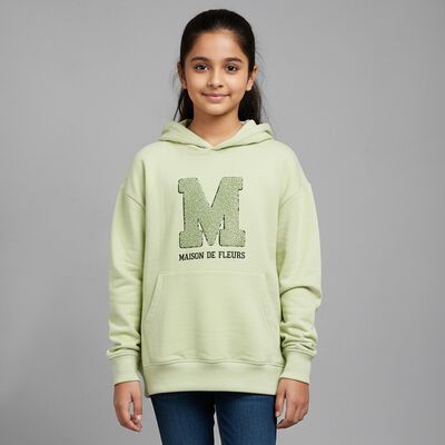 Girls Light Sage Green Hooded Neck Casual Sweatshirt