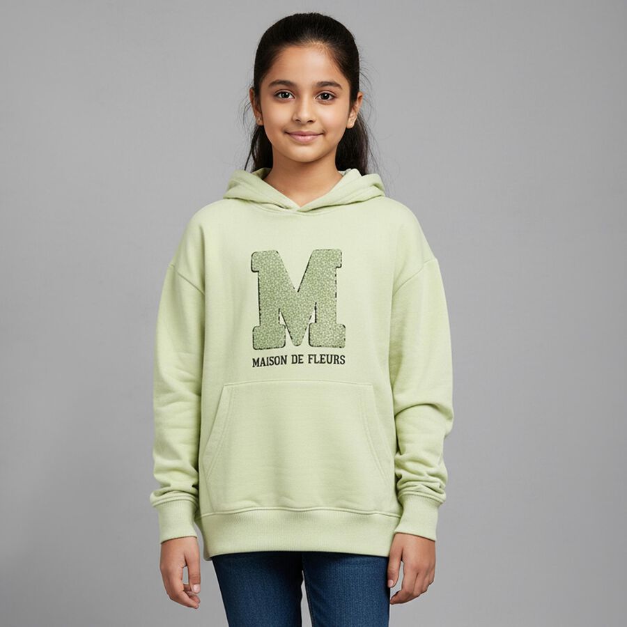 Girls Light Sage Green Hooded Neck Casual Sweatshirt, Light Green, large image number null