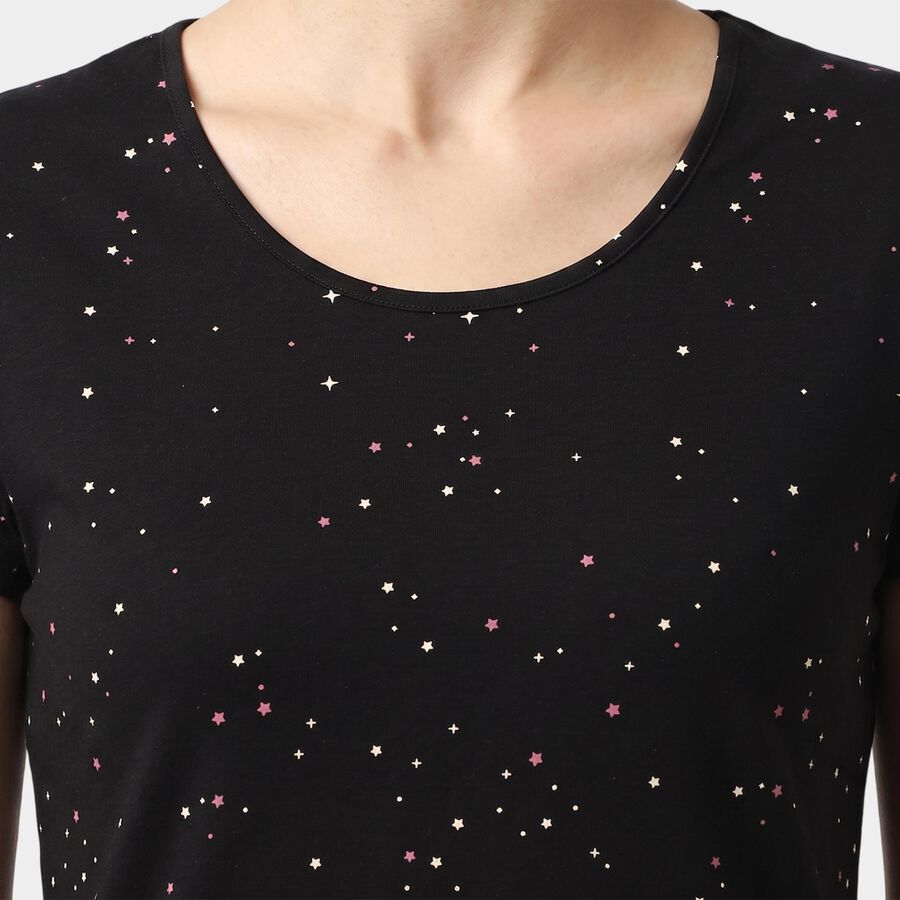 Women's Black Round Neck T-Shirt Style Nighty, काला, large