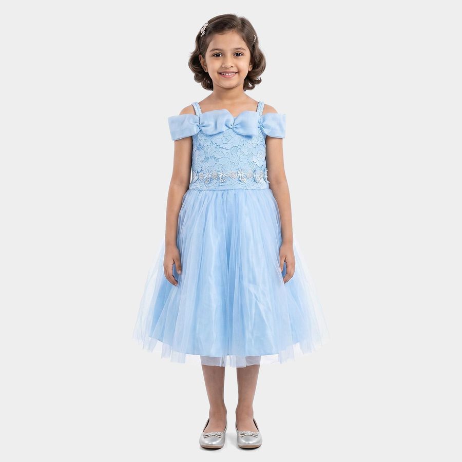 Girls' Light Blue Fit and Flare Bow Detail Party Wear Frock, Light Blue, large