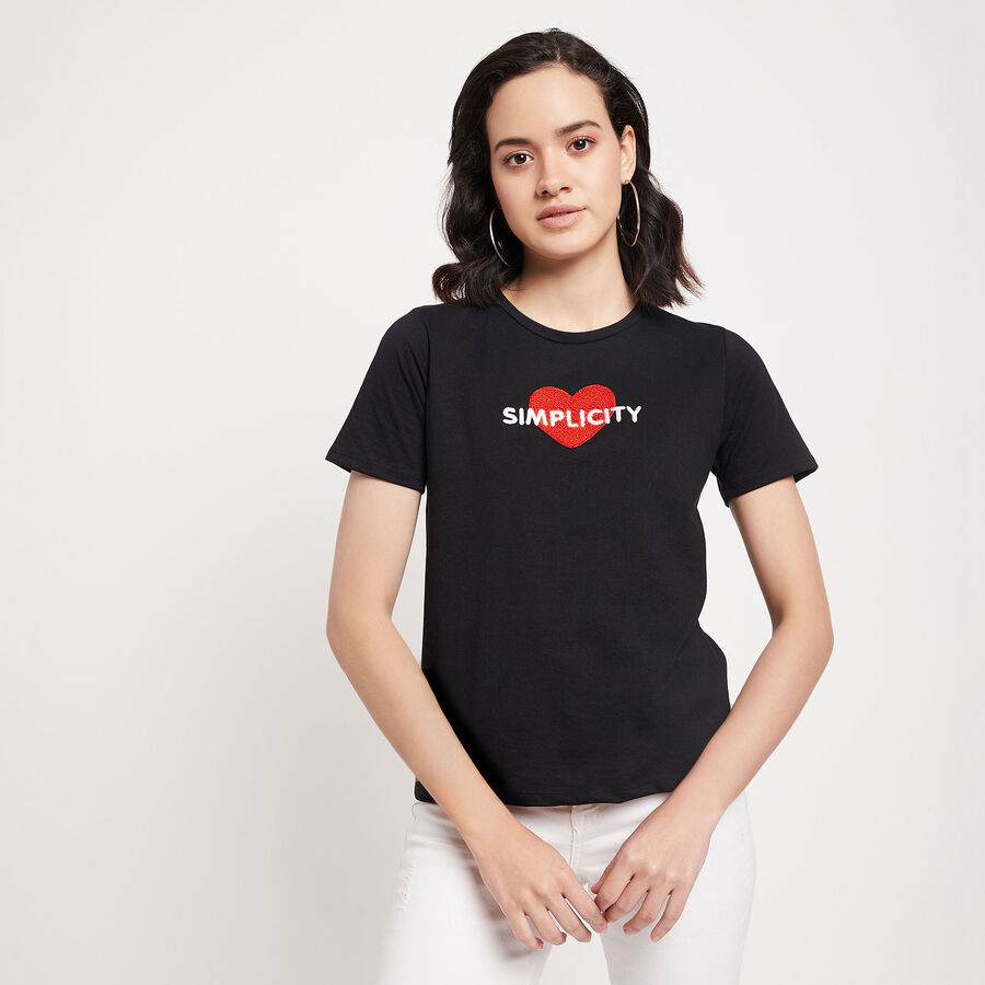 Embellished Round Neck T-Shirt, काला, large image number null