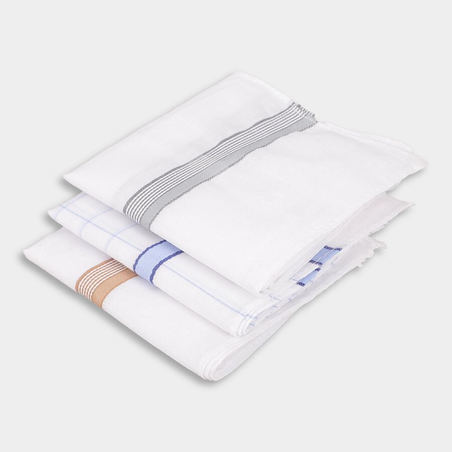 Men's Bright White Striped and Checked Pack of 3 Handkerchief, Light Blue, large