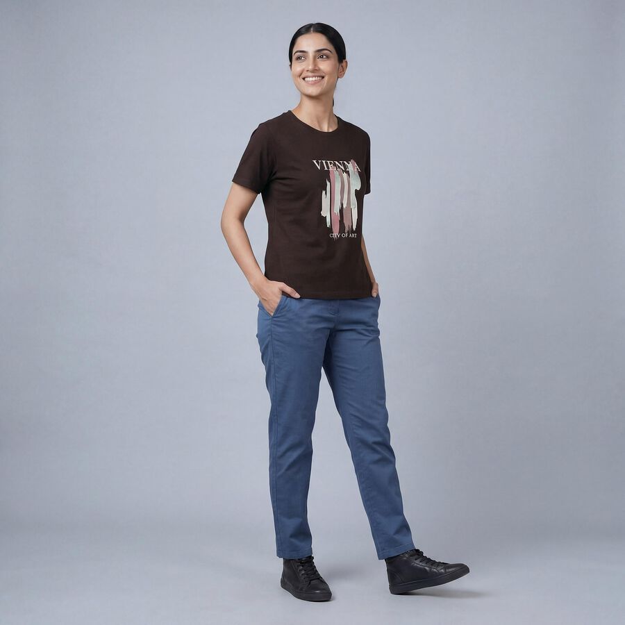 Women's Brown Round Neck Classic T-Shirt, भूरा, large