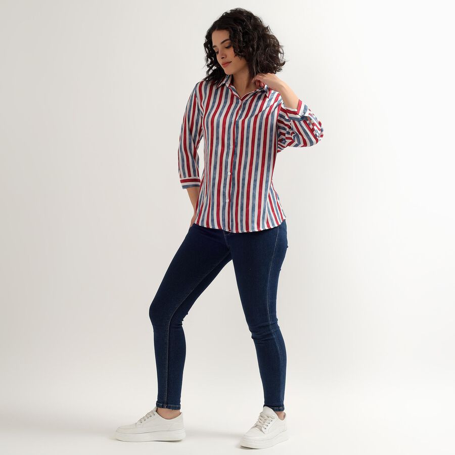 Women's Bright Red and Navy Blue Collar Casual Shirt, Red, large image number null