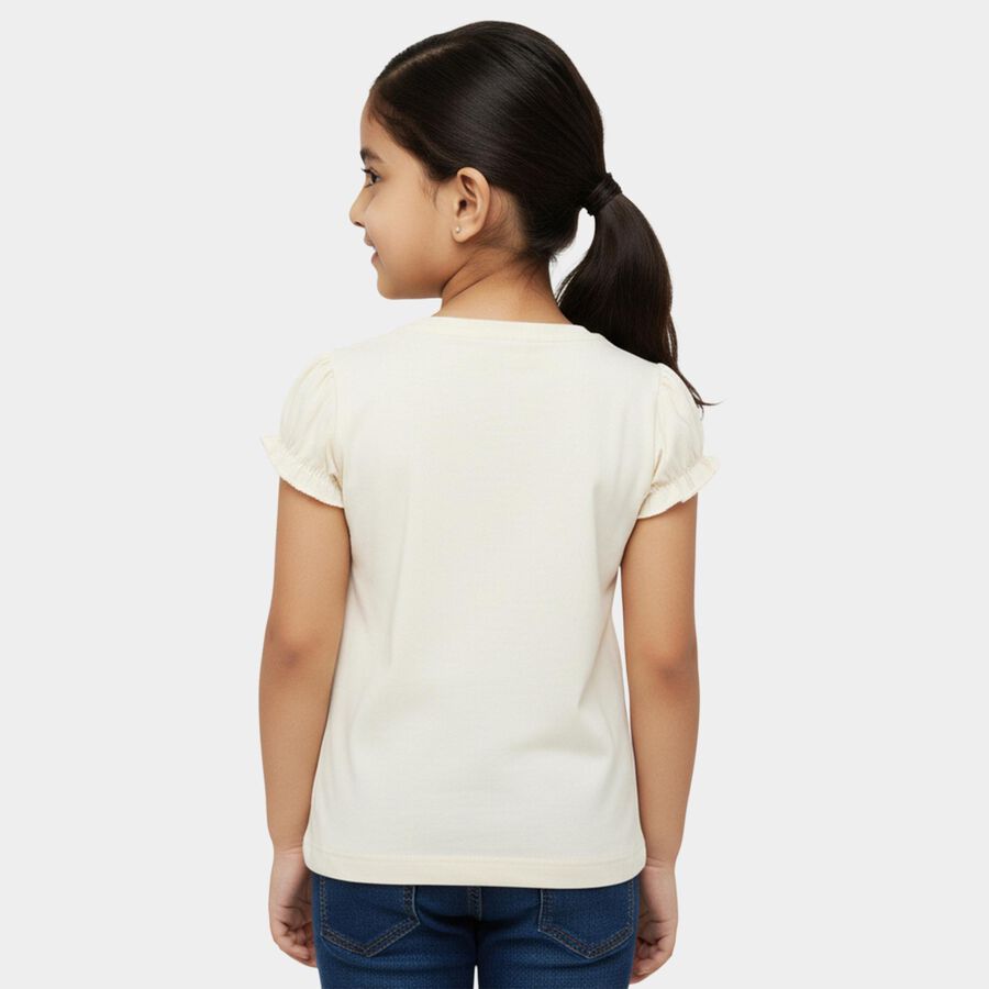 Girls Beige Cotton Round Neck Casual T-Shirt, Beige, large