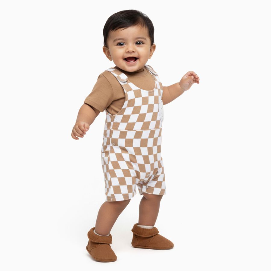Infants' Beige Cotton Round Neck Checkered Baba Suit, Beige, large