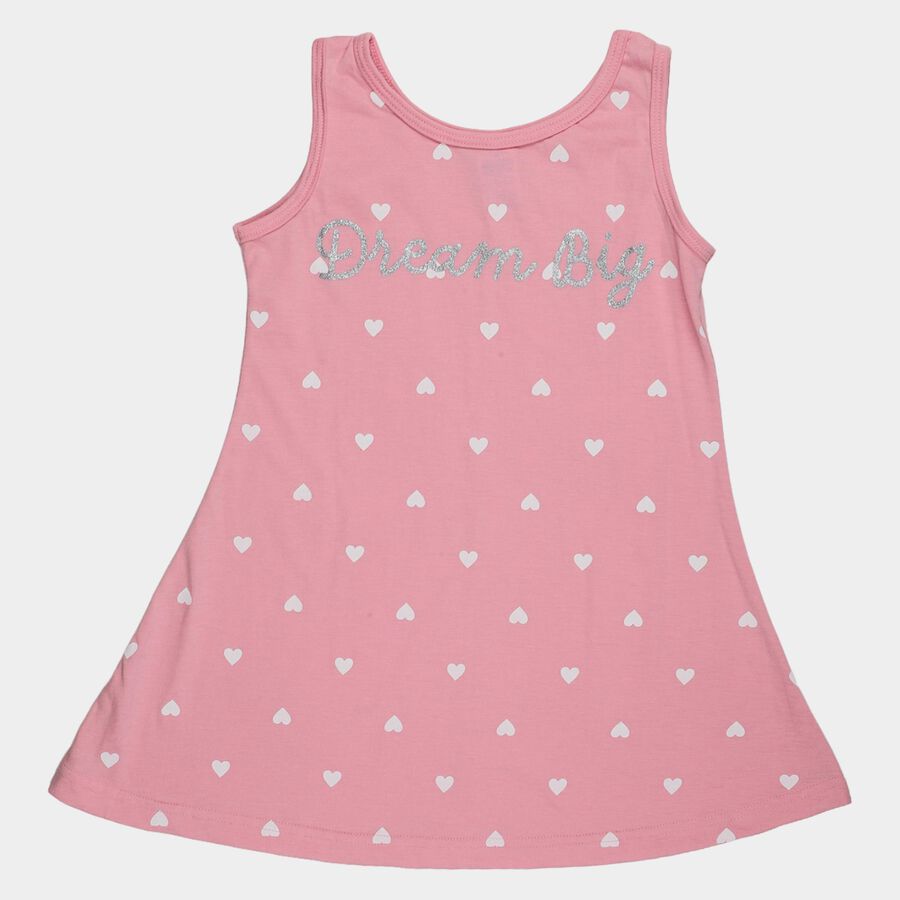 Girls' Pink Heart Printed Sleeveless A-Line Frock, Pink, large