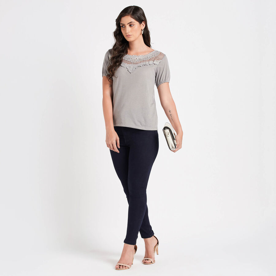 Embellished Short Sleeve Top, Dark Grey, large image number null