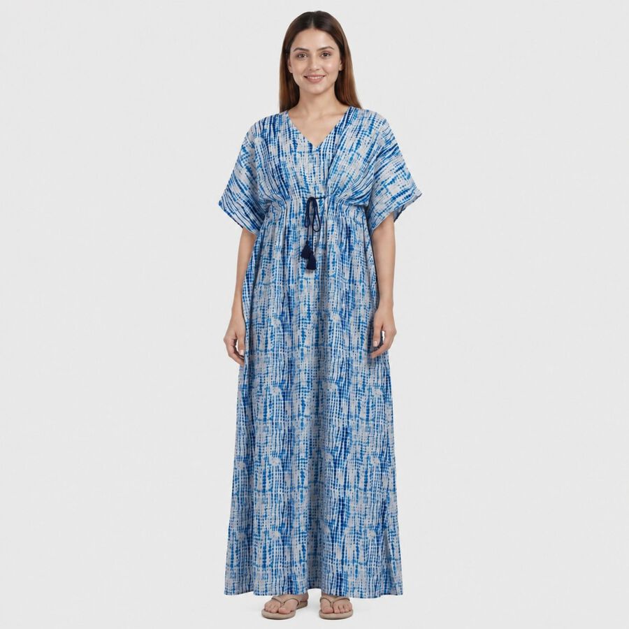 Women's Blue V-Neck Tie-Dye Kaftan Nighty, Light Blue, large