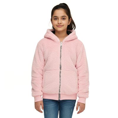 Girls Light Pink Hooded Casual Jacket