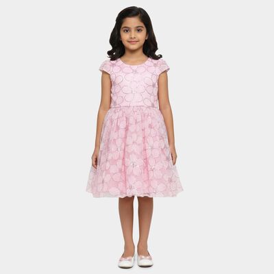 Girls' Light Pink Regular Fit Floral Printed Frock