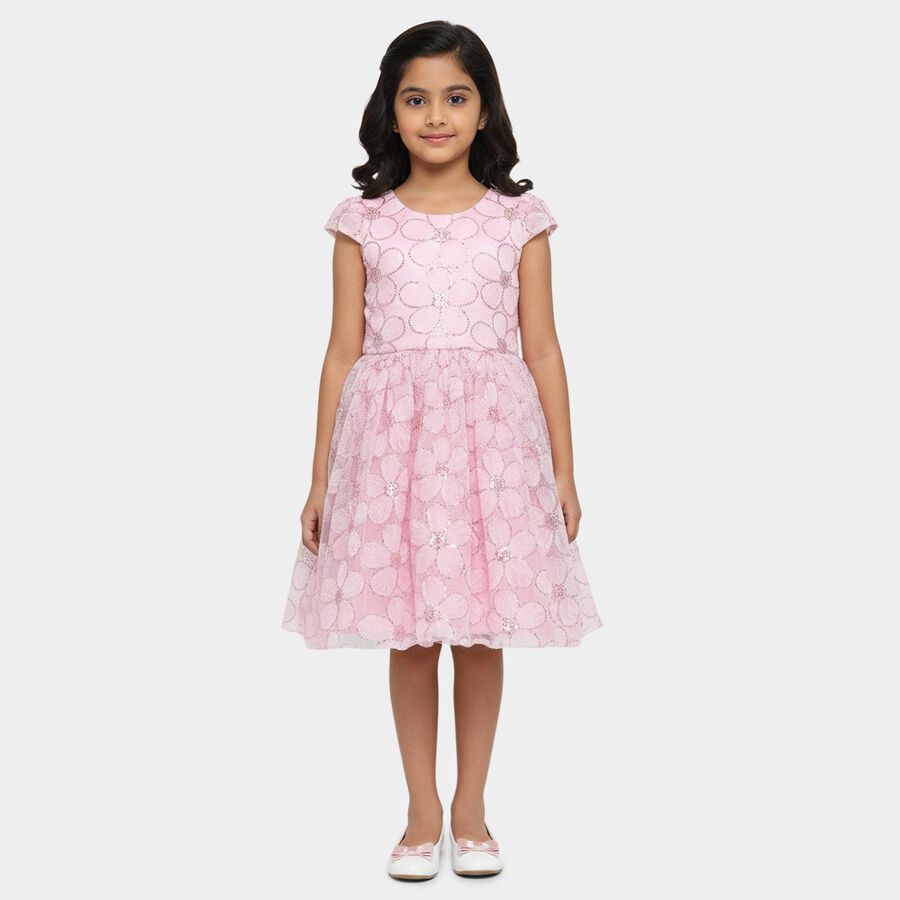 Girls' Light Pink Regular Fit Floral Printed Frock, हल्का गुलाबी, large