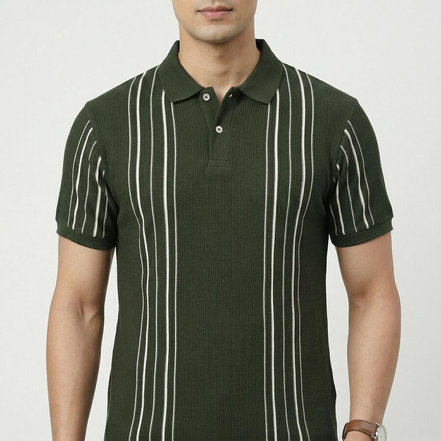 Men's Olive Green Collared Neck Casual T-Shirt, Olive, large