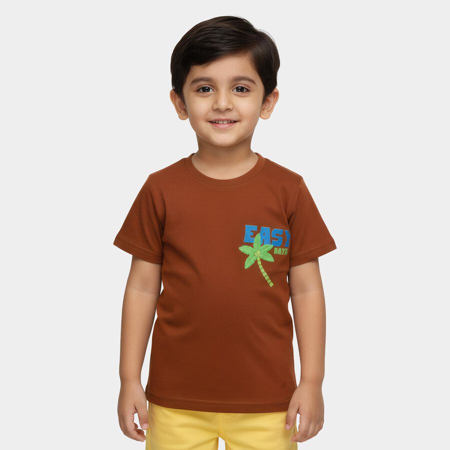 Boys Brown Round Neck Casual Half Sleeve T-Shirt, Brown, large