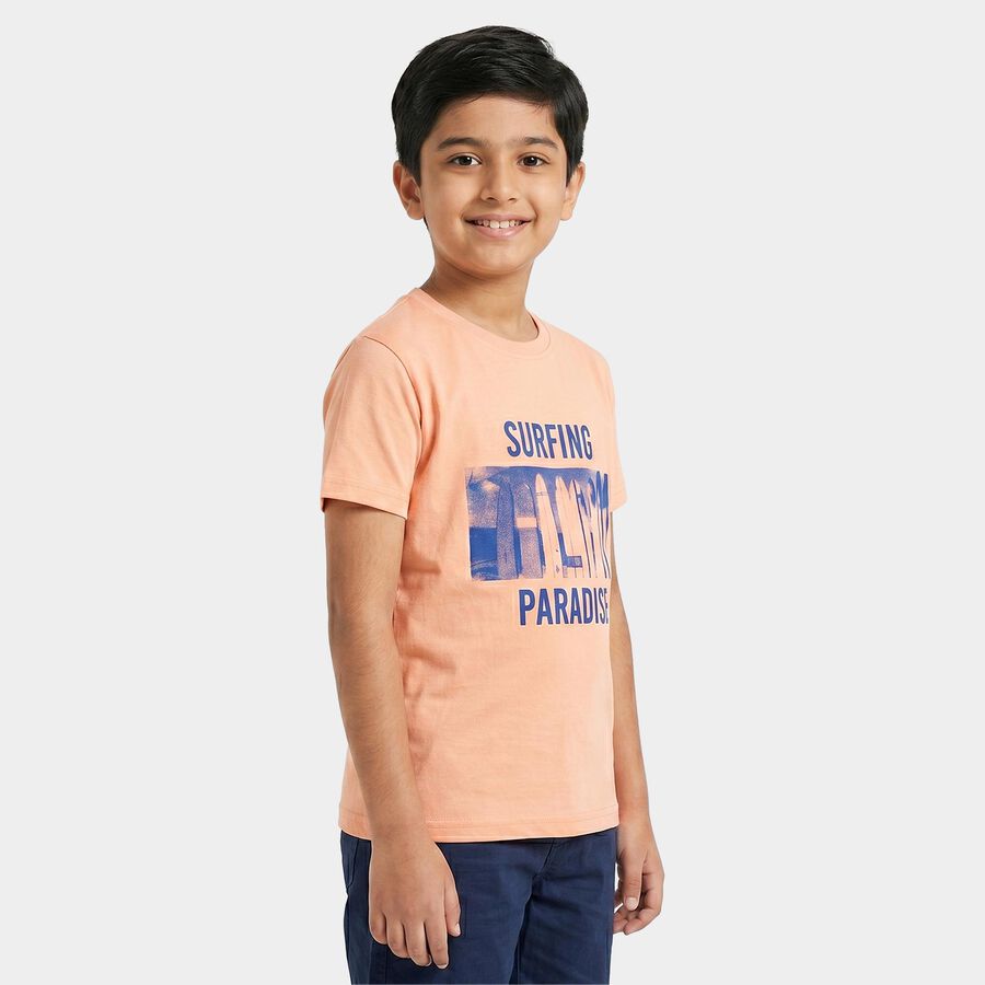 Boys Peach Round Neck Regular Boys T-Shirt, पीच, large