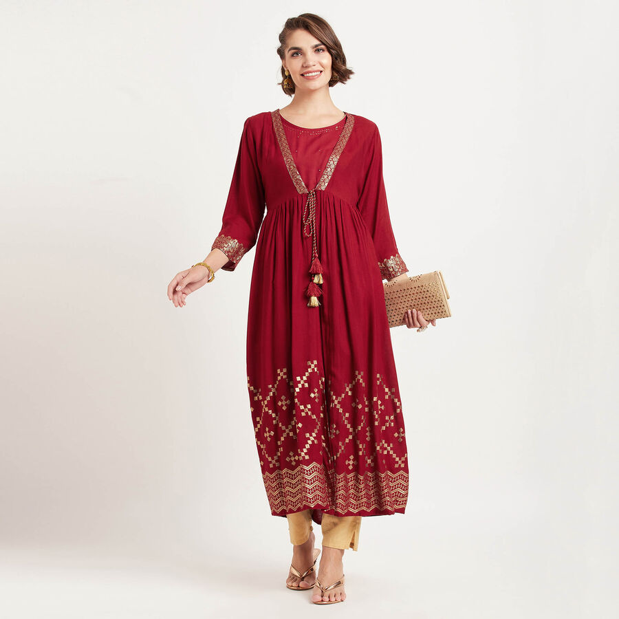 Solid 3/4Th Sleeves Kurta, Red, large image number null