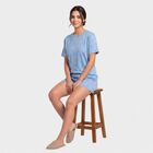 Women's Blue Round Neck Printed Night Suit, मध्यम नीला, small
