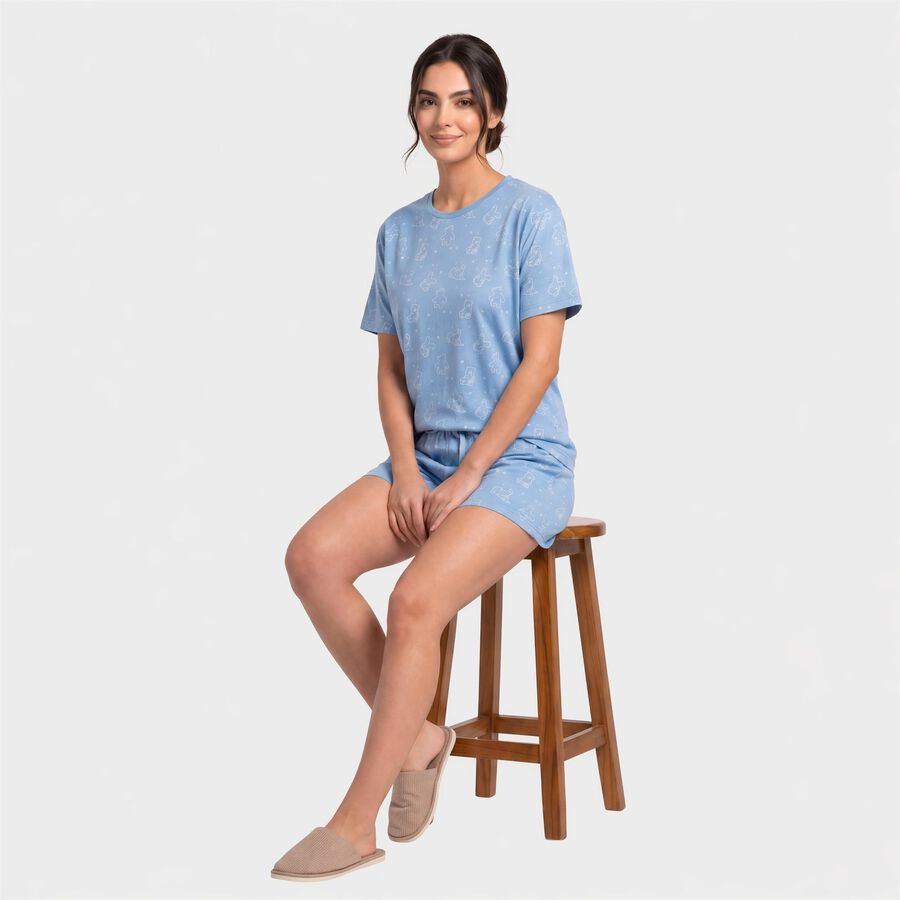 Women's Blue Round Neck Printed Night Suit, मध्यम नीला, large