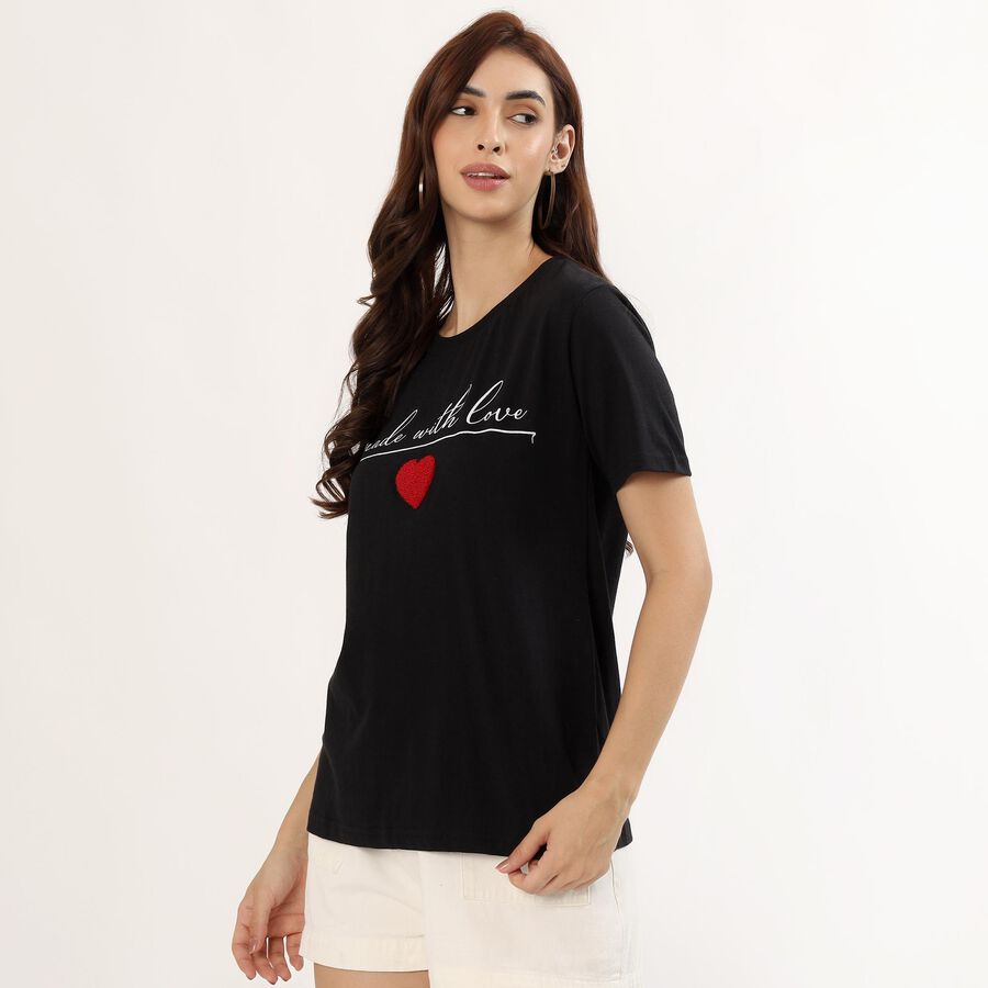 Women's Jet Black Cotton Round Neck Casual T-Shirt, काला, large image number null