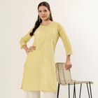 Women's Yellow 100% Cotton Round Neck Textured Kurta, पीला, small