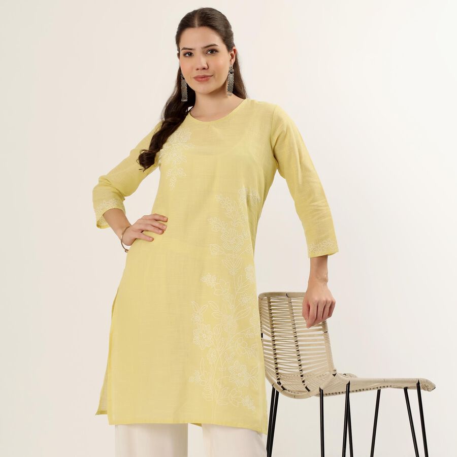 Women's Yellow 100% Cotton Round Neck Textured Kurta, पीला, large