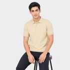 Men's Beige Polo Neck Solid T-Shirt, गहरा पीला, small