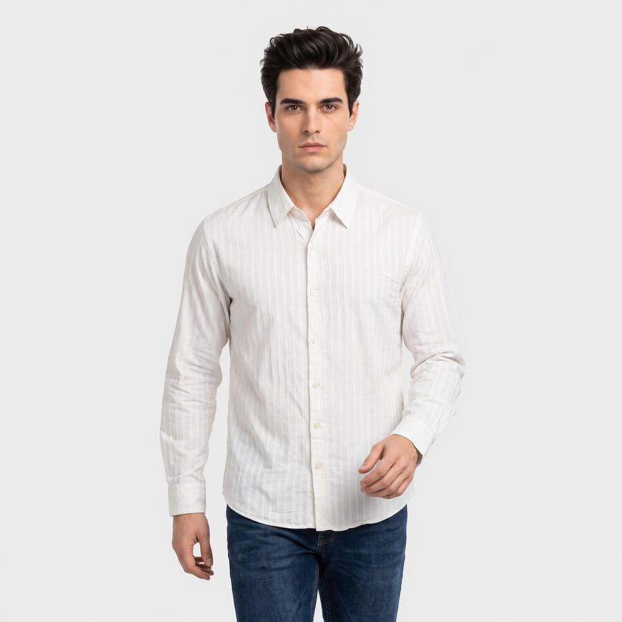Men's White Striped Casual Shirt, Off White, large