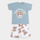 Infants' Sky Blue Cotton Round Neck Printed Baba Suit, Teal Blue, small