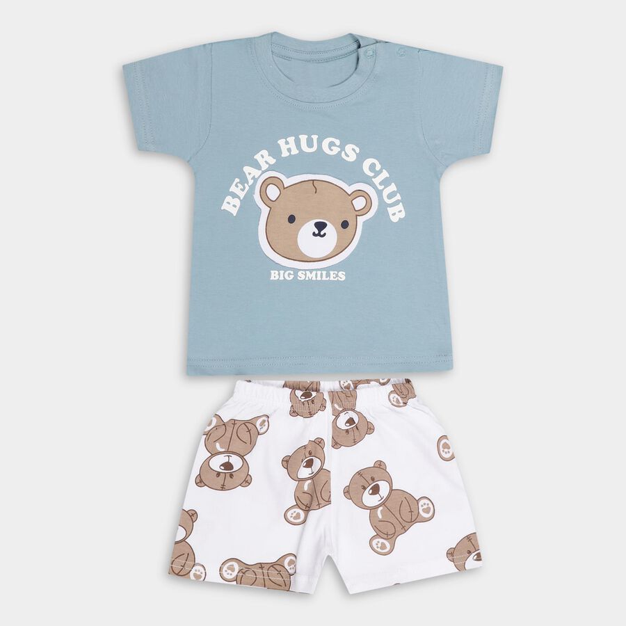 Infants' Sky Blue Cotton Round Neck Printed Baba Suit, Teal Blue, large