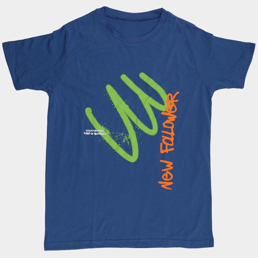 Boys Navy Blue Round Neck Graphic Printed T-Shirt, मध्यम नीला, large