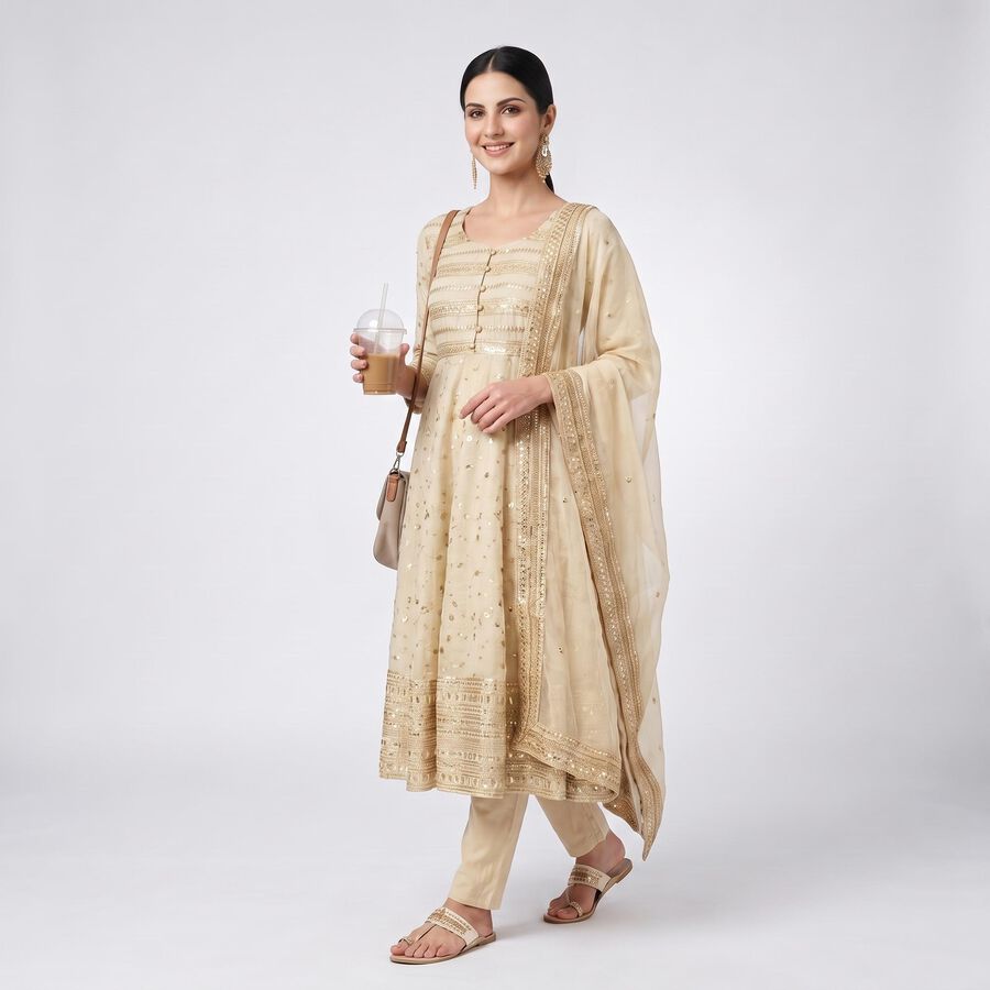 Women's Beige Round Neck Embellished Anarkali Kurta, Beige, large