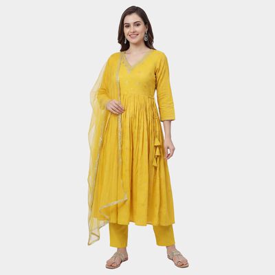 Women's Yellow Self Design Ethnic Set