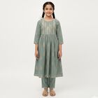 Girls Muted Sage Green Cotton Embroidered Kurta and Pants Fusion Set, Light Green, small image number null